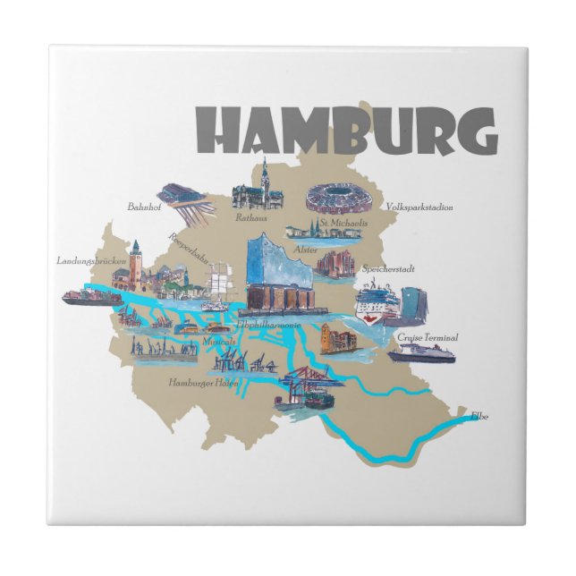 Hamburg Map Overview Ceramic Tile (Front)
