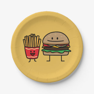 Hamburger and Fries fast food bun junk fried hot Paper Plate