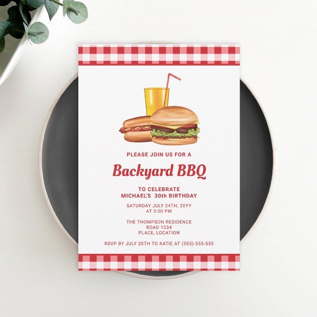 Hamburger And Hot Dog Backyard BBQ Birthday Party Invitation (Ideal for birthday parties, backyard barbecues, reunions or picnics, for example.)