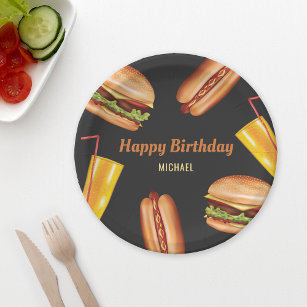 Hamburger And Hot Dog Fast Food Happy Birthday Paper Plate