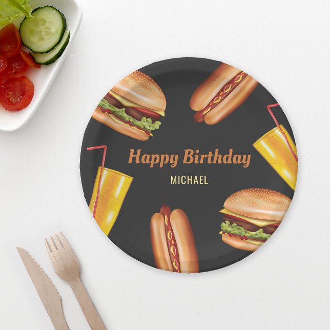 Hamburger And Hot Dog Fast Food Happy Birthday Paper Plate (Creator Uploaded)