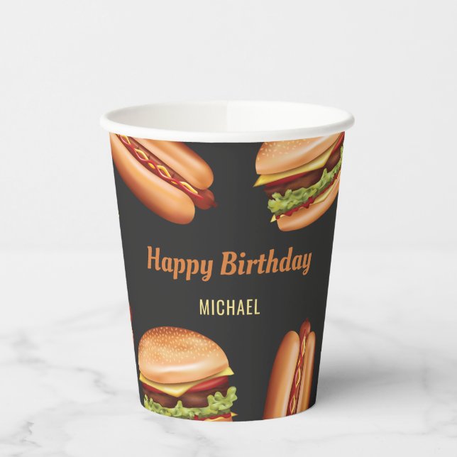 Hamburger And Hot Dog Fast Foods Happy Birthday Paper Cups (Left)