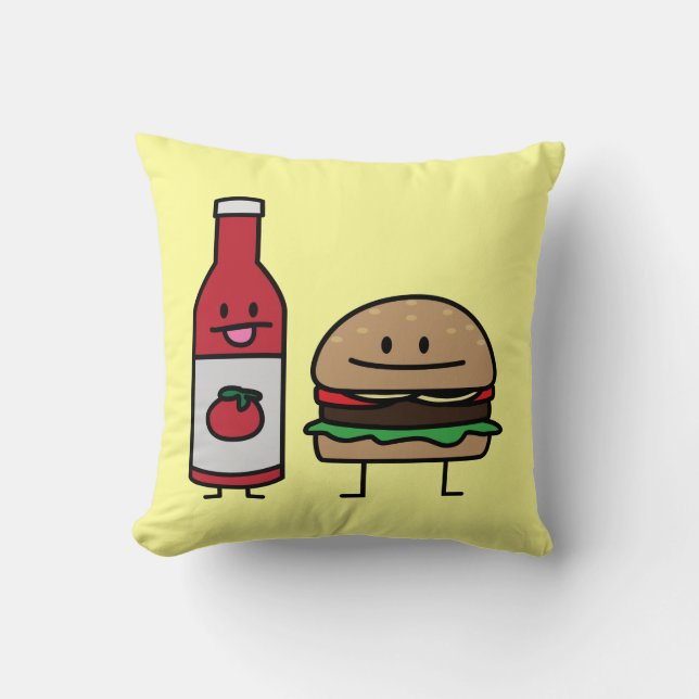 Hamburger and Ketchup fast food buddies bun patty Cushion (Front)