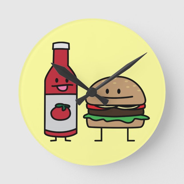 Hamburger and Ketchup fast food buddies bun patty Round Clock (Front)