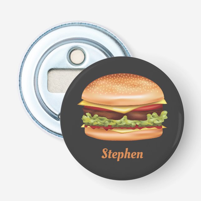 Hamburger Fast Food Illustration With Custom Name Bottle Opener (Front)
