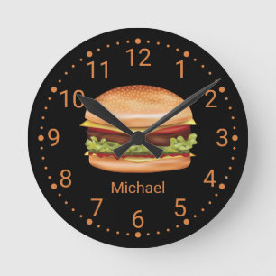 Hamburger Fast Food Illustration With Custom Name Round Clock