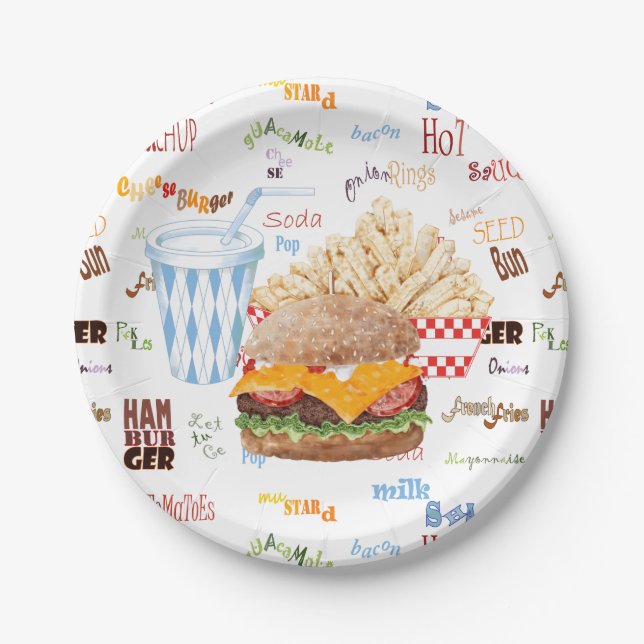 Hamburger Fries Fast Food BBQ Diner Paper Plate (Front)