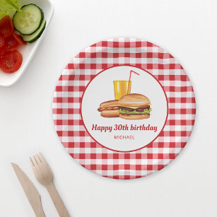 Hamburger Hot Dog And Drink Red Gingham Birthday Paper Plate
