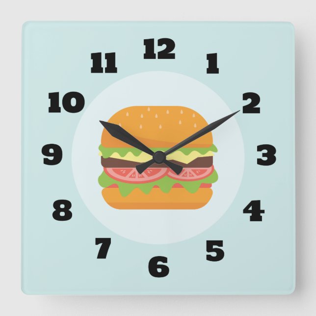 Hamburger Illustration with Tomato and Lettuce Square Wall Clock (Front)