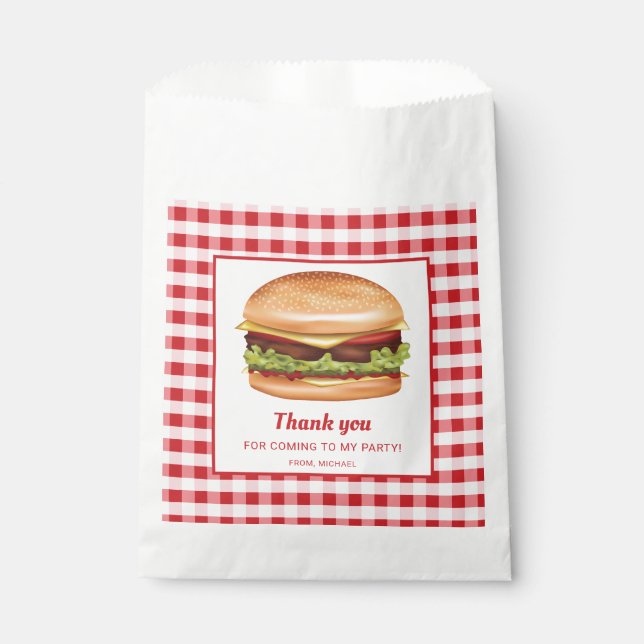 Hamburger On Red Gingham Birthday Thank You Favour Bag (Front)