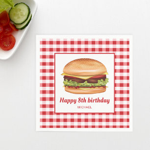 Hamburger On Red Gingham Pattern Happy Birthday Napkin