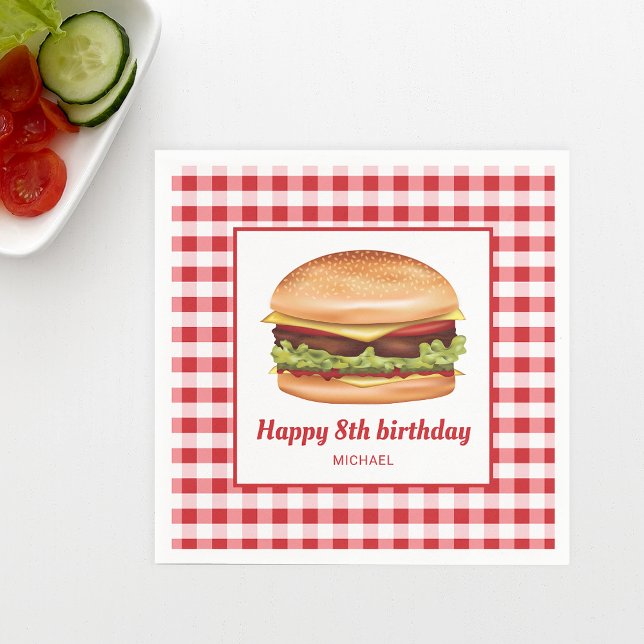 Hamburger On Red Gingham Pattern Happy Birthday Napkin (Ideal for birthday parties, backyard barbecues, family reunions or picnics, for example.)