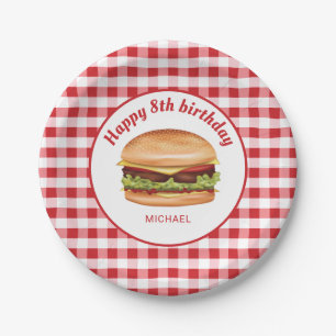 Hamburger On Red Gingham Pattern Happy Birthday Paper Plate