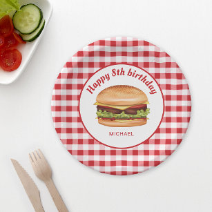 Hamburger On Red Gingham Pattern Happy Birthday Paper Plate