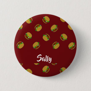 Hamburger pattern on maroon 6 cm round badge