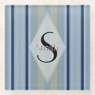 HAMbWG - Art Deco Periwinkle Stripe with Monogram Glass Coaster