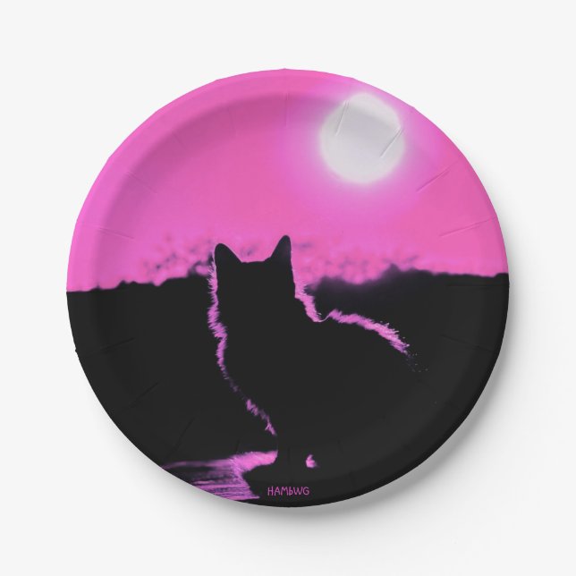 HAMbWG - Paper Plate - Pink Halloween Cat & Moon (Front)