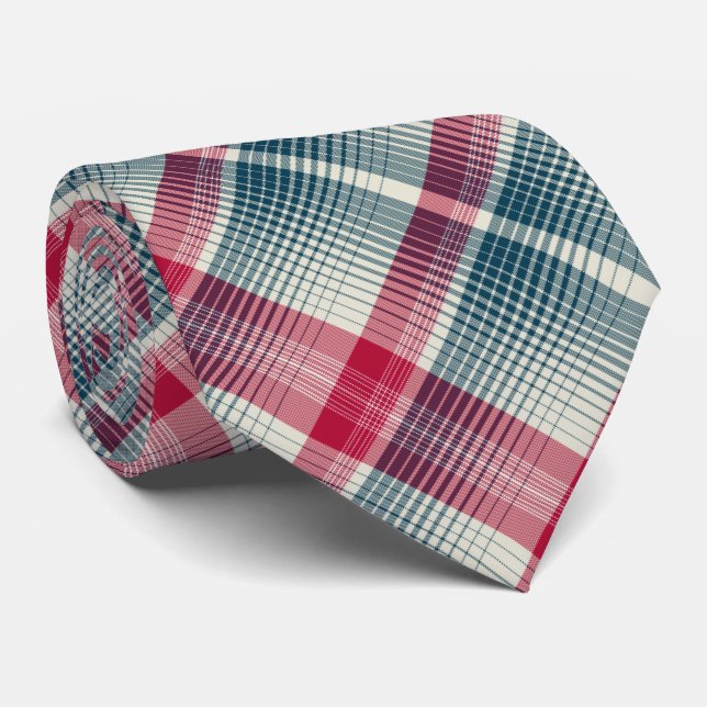 HAMbWG - Tie - Bone w Teal and Cherry Diag. Plaid (Rolled)