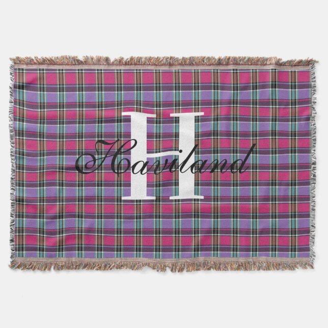 HAMbyWG Any Colour Monogram on Pink Plaid Throw Blanket (Front)