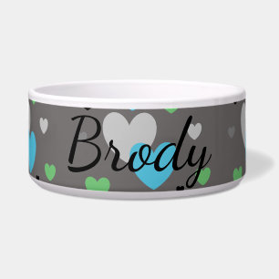 HAMbyWG - Dog food Bowl - Grey Green Blue Hearts