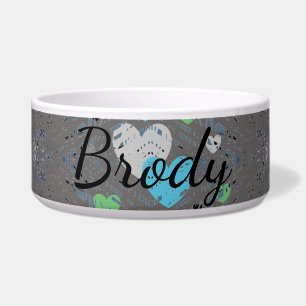 HAMbyWG - Dog food Bowl - Grey Green Blue Hearts