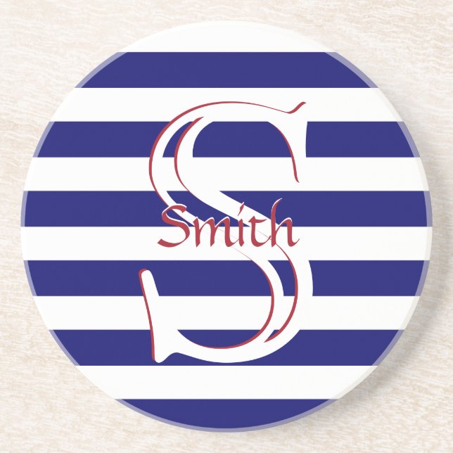 HAMbyWG - Navy Blue & White Stripe Monogram Coaster (Front)