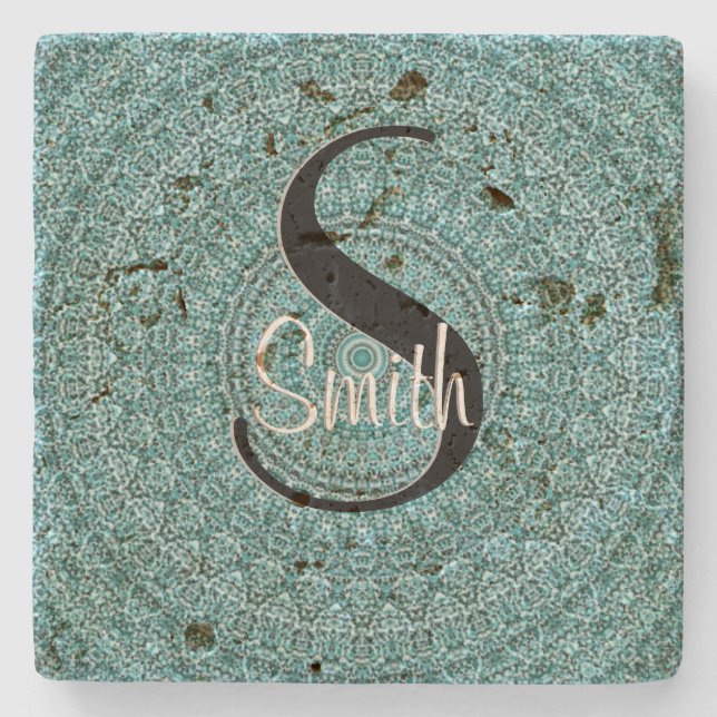 HAMbyWG  Turquoise Colour Mandela with Monogram Stone Coaster (Front)