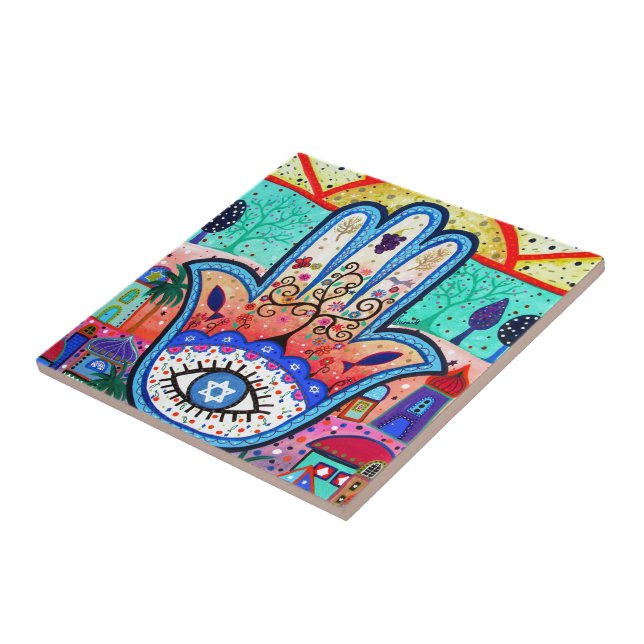 HAMESH BAR BAT MITZVAH HAMSA WHIMSICAL PAINTING CERAMIC TILE (Side)