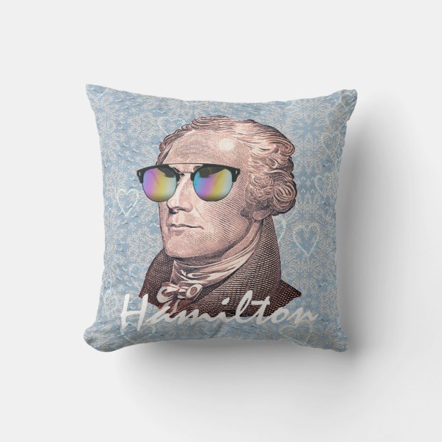 Hamilton in Shades on Blue Lace & Heart Background Cushion (Front)