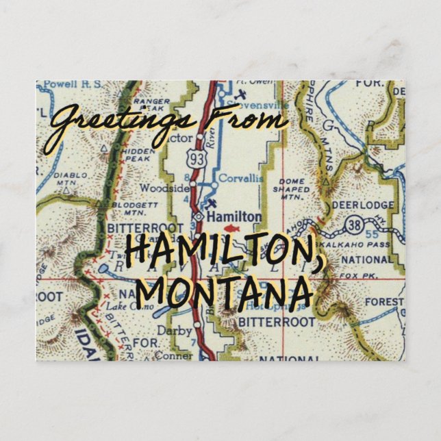 Hamilton Montana Vintage Map Postcard (Front)