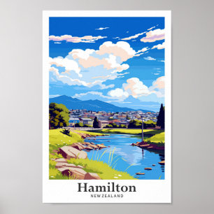Hamilton New Zealand Travel Vintage Illustration Poster