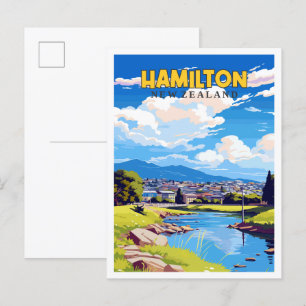 Hamilton New Zealand vintage travel illustration Postcard