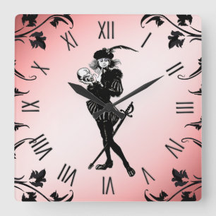 Hamlet The Bard Pink Roman Numerals Square Wall Clock