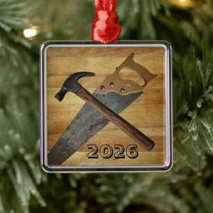 Hammer and Saw, Wood Boards,Carpentry Metal Ornament