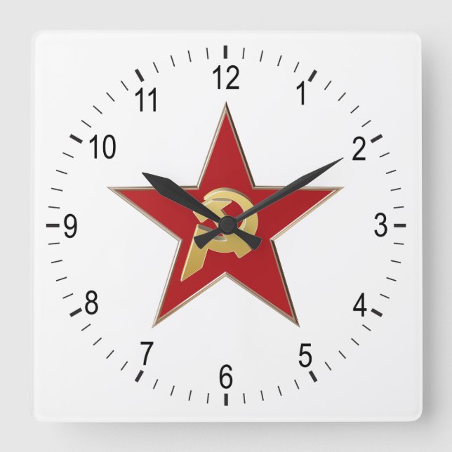 Hammer and sickle into the red star square wall clock (Front)