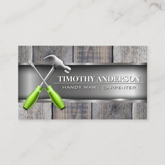 Hammer Screwdriver Logo | Wood | Metal Business Card (Front)