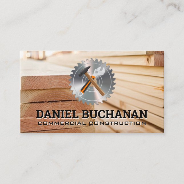 Hammer Wrench | Circular Saw | Wooden Boards Business Card (Front)