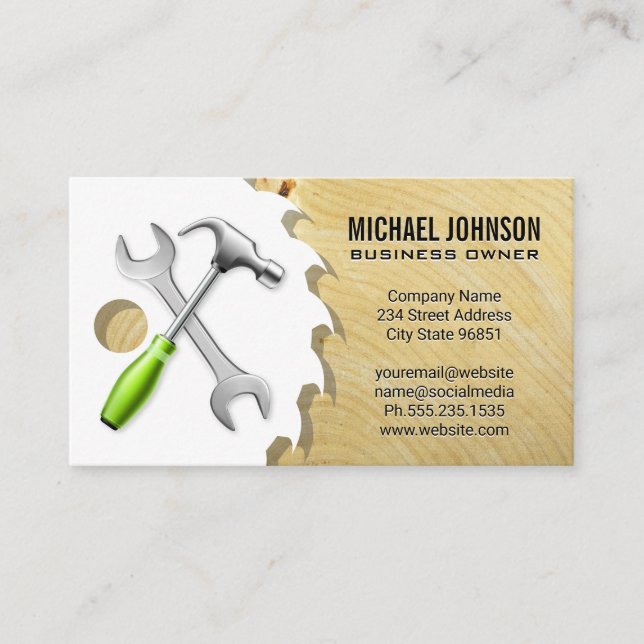 Hammer Wrench Saw | Wood | Construction Business Card (Front)