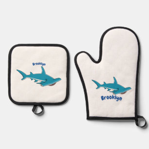 Hammerhead shark cartoon illustration oven mitt & pot holder set
