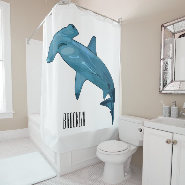 Hammerhead shark cartoon illustration shower curtain (In Situ)