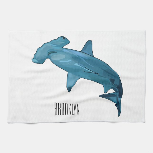 Hammerhead shark cartoon illustration tea towel (Horizontal)