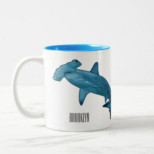 Hammerhead shark cartoon illustration Two-Tone coffee mug (Left)