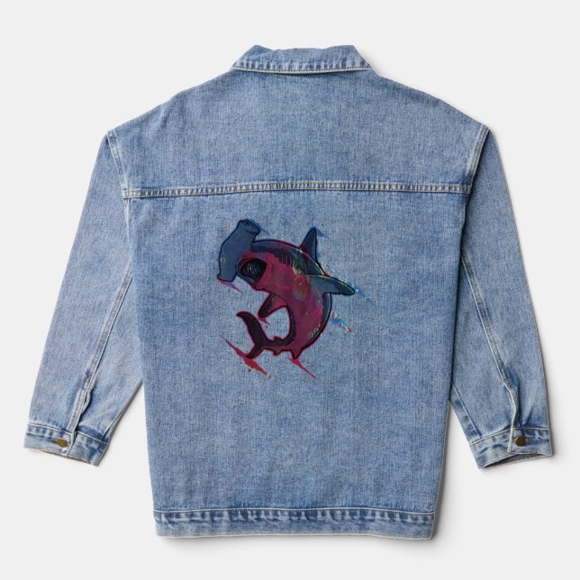Hammerhead Shark Marine Life Water Colour Ocean An Denim Jacket (Back)