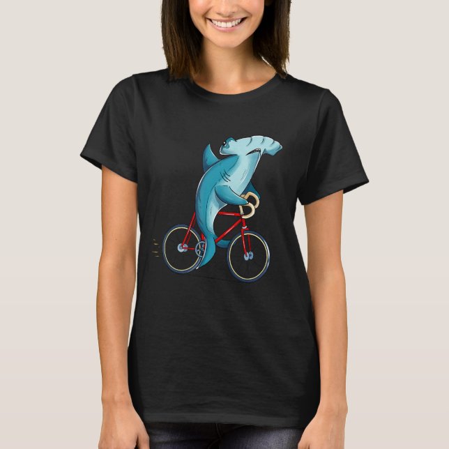 Hammerhead Shark Riding Bicycle Cute Biker T-Shirt (Front)
