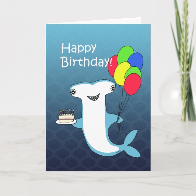 Hammerhead Shark with cake balloons funny birthday Card (Front)
