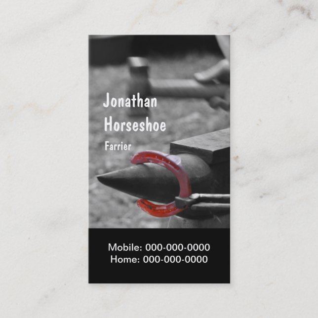 Hammering a hot shoe into shape business card (Front)