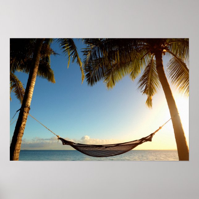 Hammock Between Palm Trees on Tropical Beach Poster (Front)