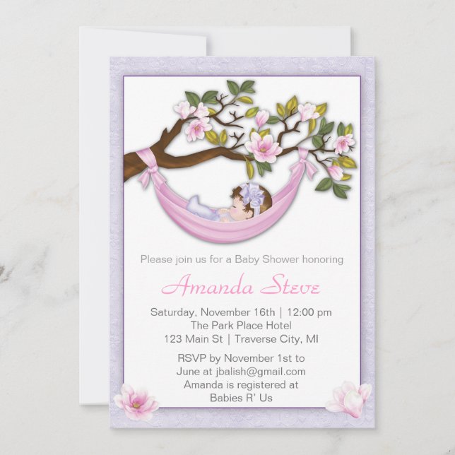 Hammock Girl Baby Shower Invitation- Brunette Hair Invitation (Front)