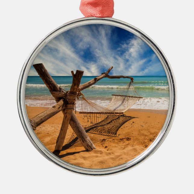 Hammock on a Tropical Beach Resort Metal Ornament (Front)
