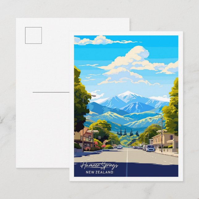 Hamner Springs New Zealand Travel Illustration Postcard (Front/Back)
